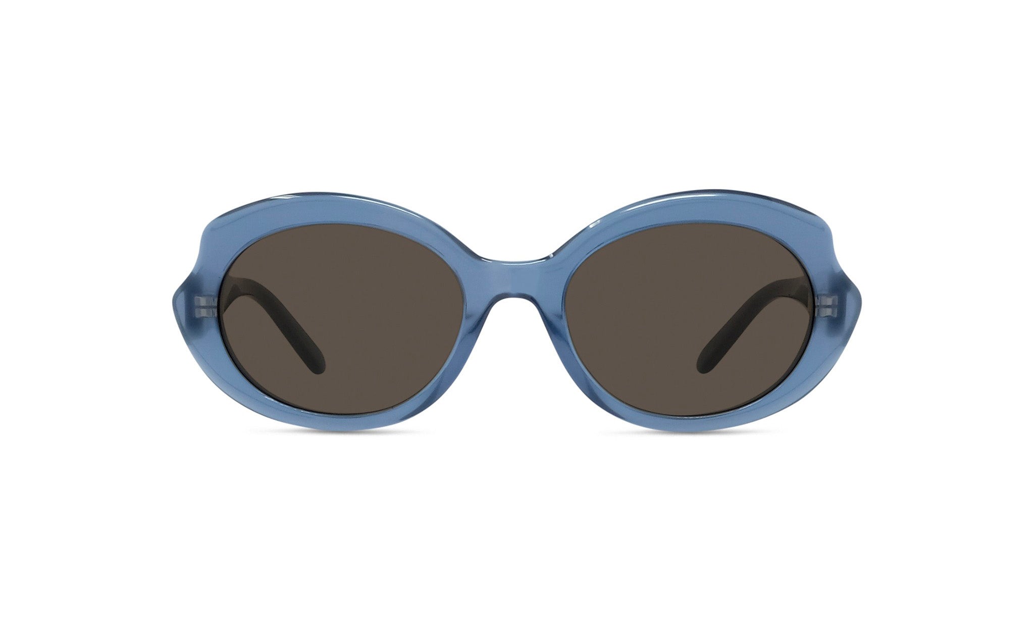 A pair of blue-tinted sunglasses with dark lenses.