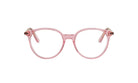 A pair of pink-framed glasses against a white background.