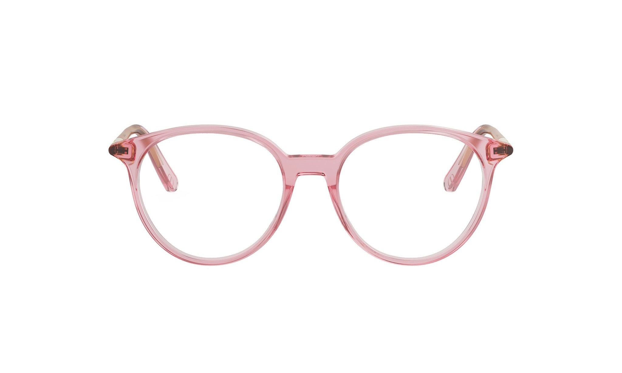 A pair of pink-framed glasses against a white background.