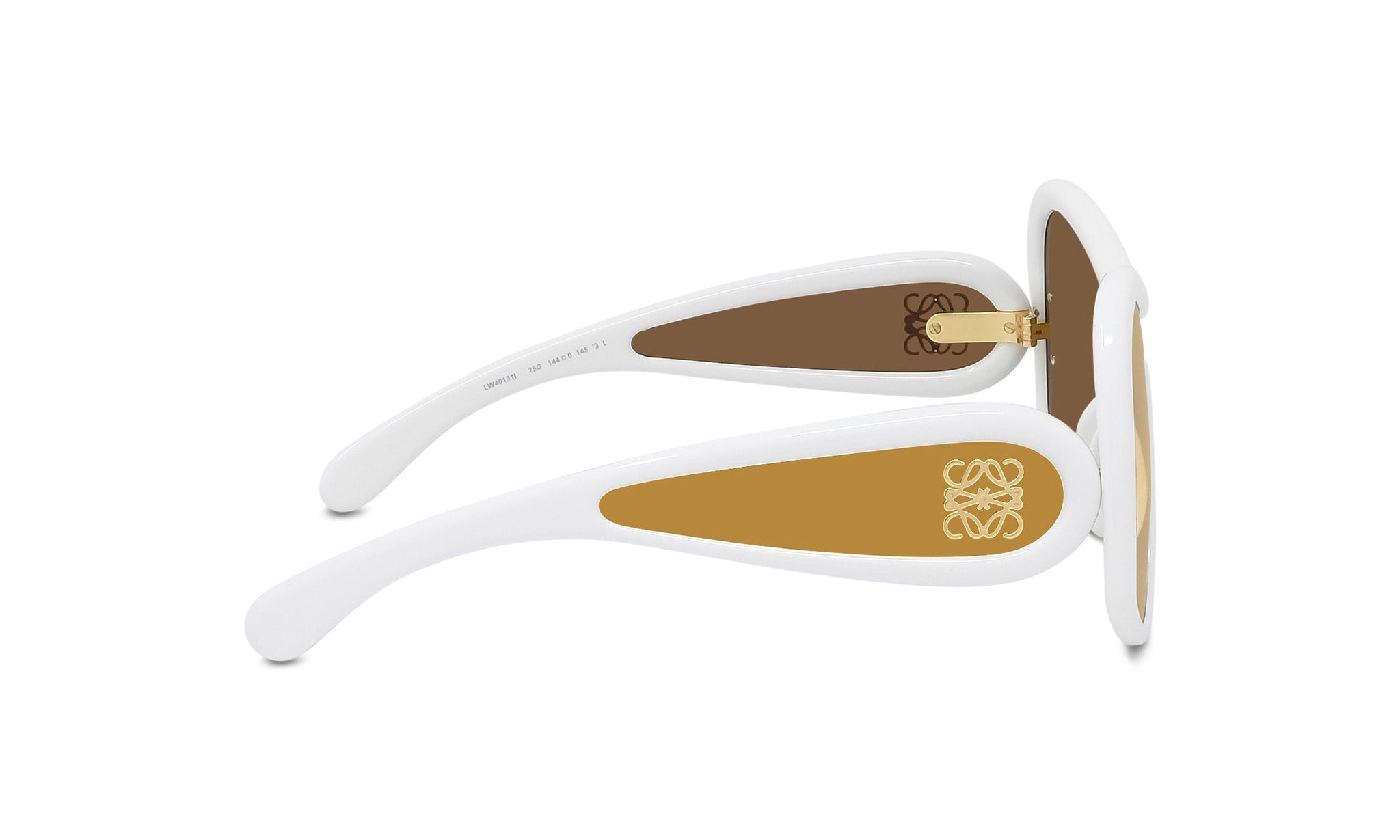 A pair of white sunglasses with gold accents and a logo on the temples.