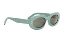 A pair of light green sunglasses with dark lenses.