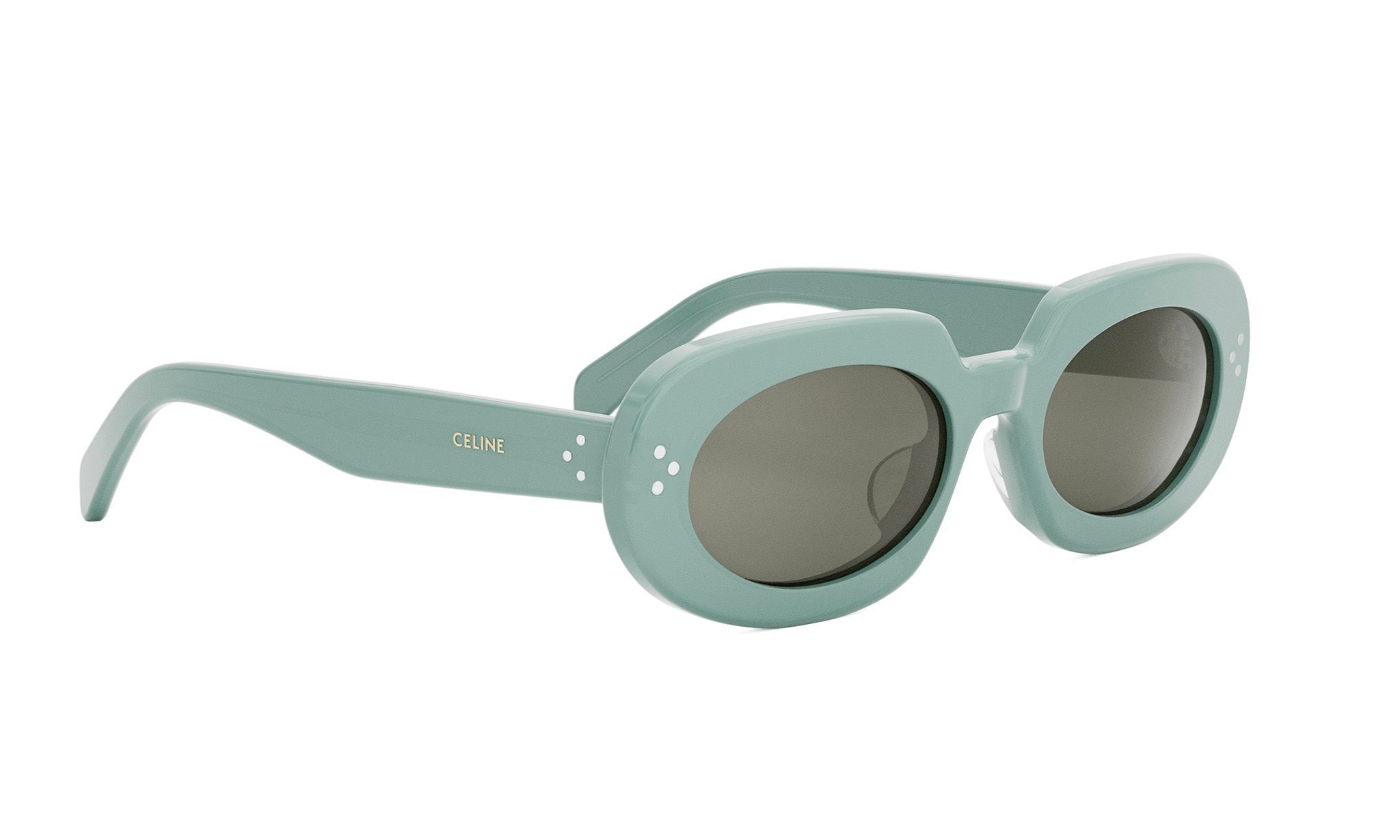 A pair of light green sunglasses with dark lenses.