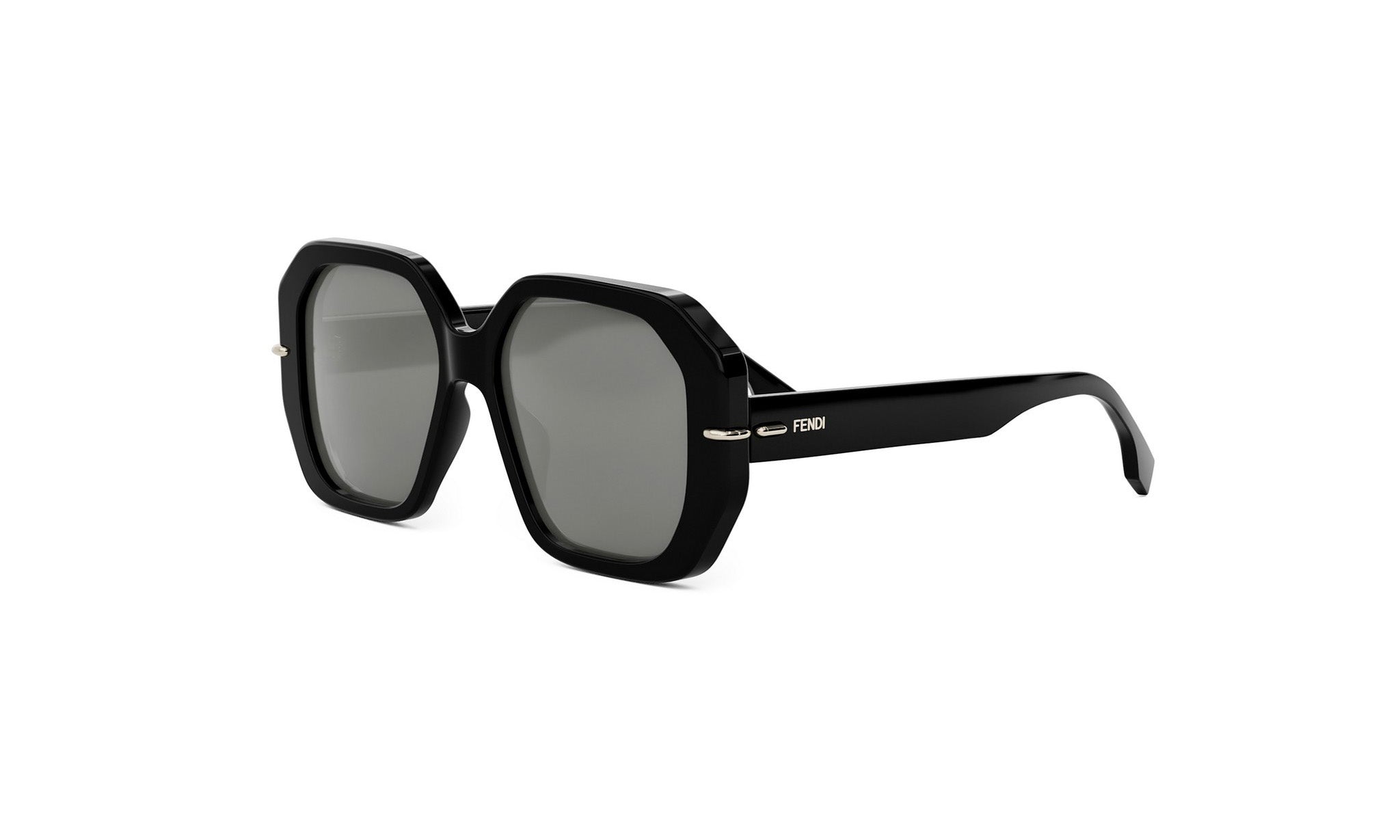 A pair of black sunglasses with a Fendi logo on the frame.