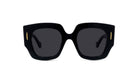 A pair of black sunglasses with gold accents.