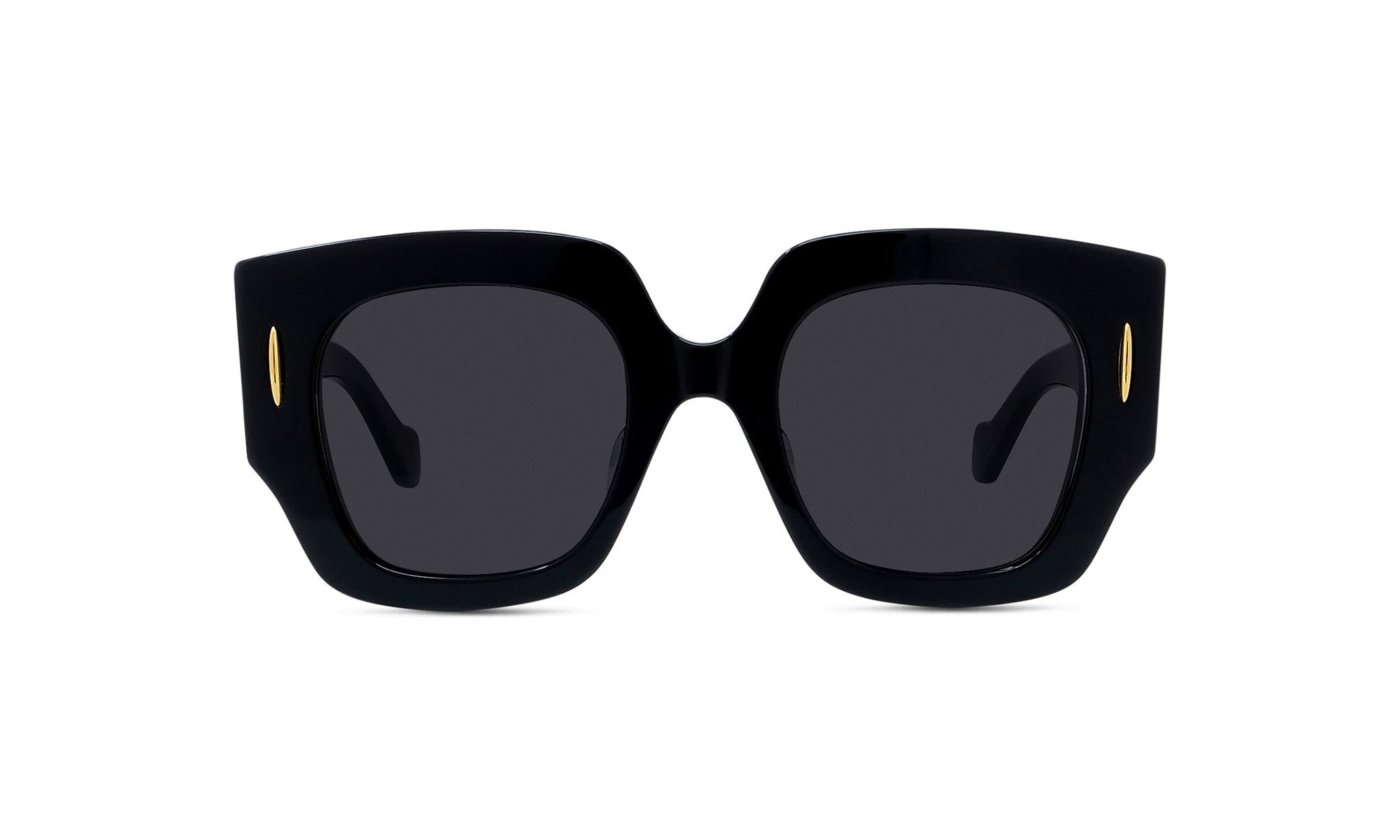A pair of black sunglasses with gold accents.