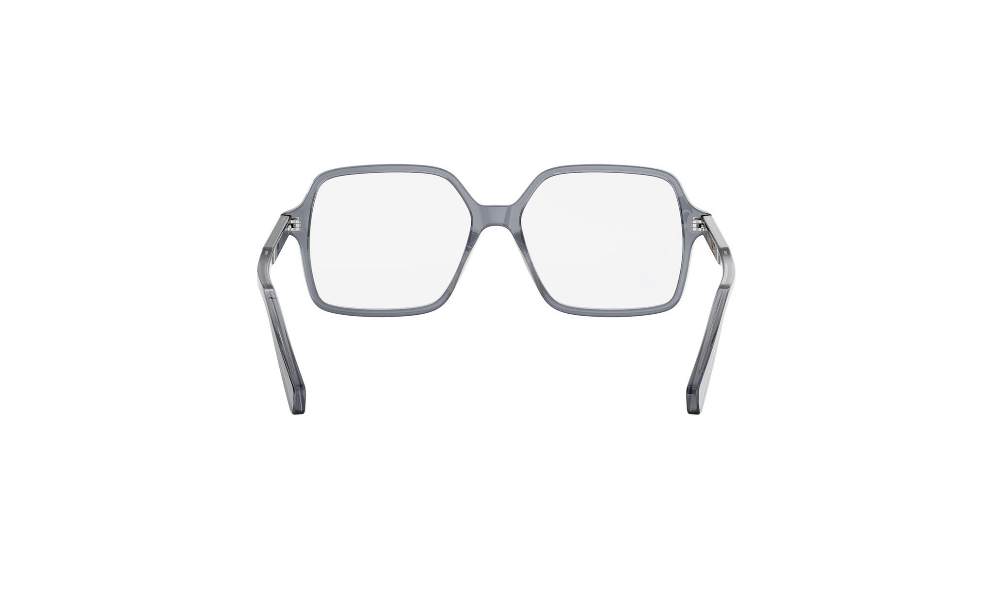 A pair of gray-framed glasses with clear lenses, shown from the back view.