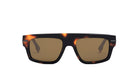 A pair of sunglasses with a tortoiseshell frame and dark lenses.