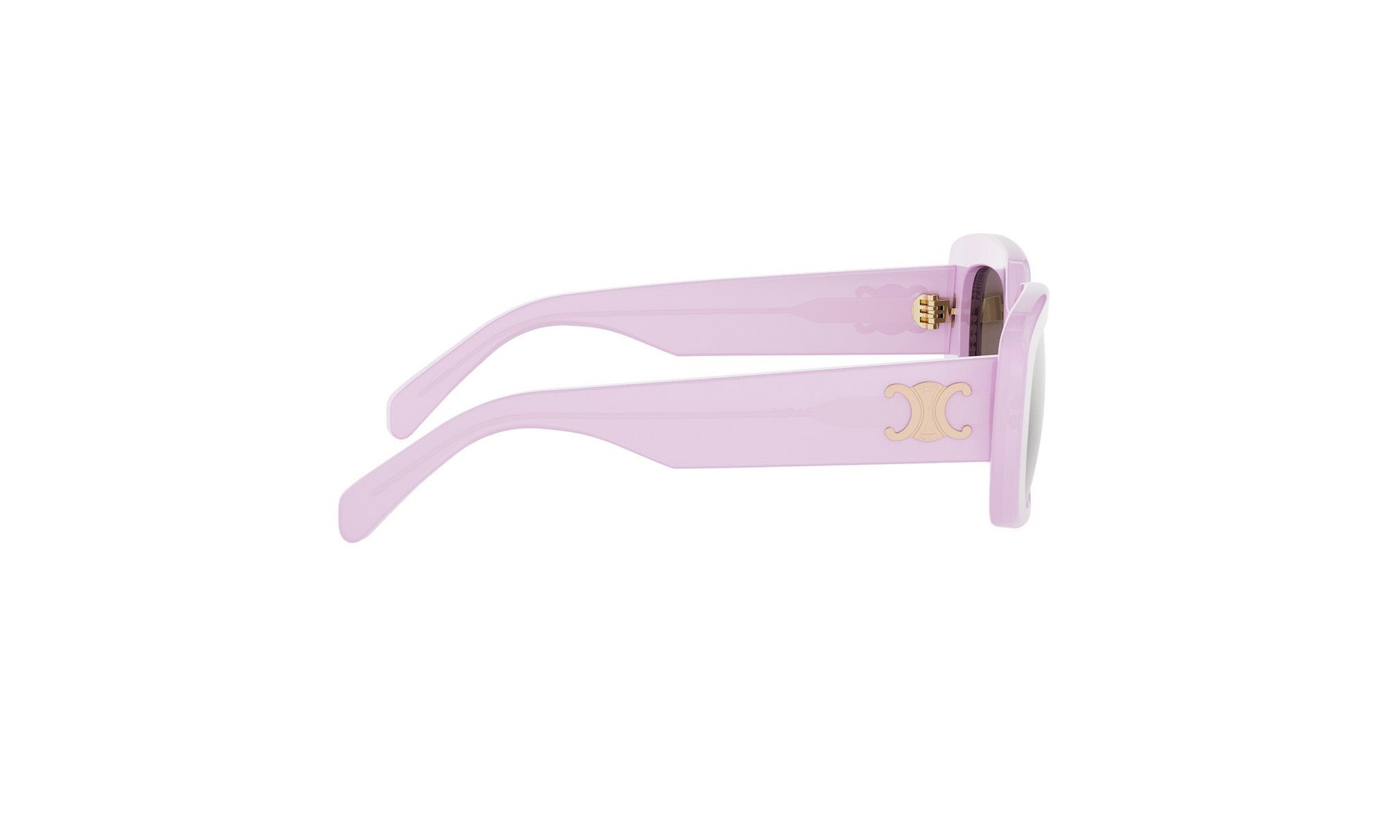 A pair of pink sunglasses with a gold logo on the frame.
