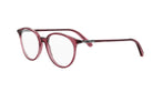 A pair of red-tinted eyeglasses with clear lenses, positioned side by side against a white background.
