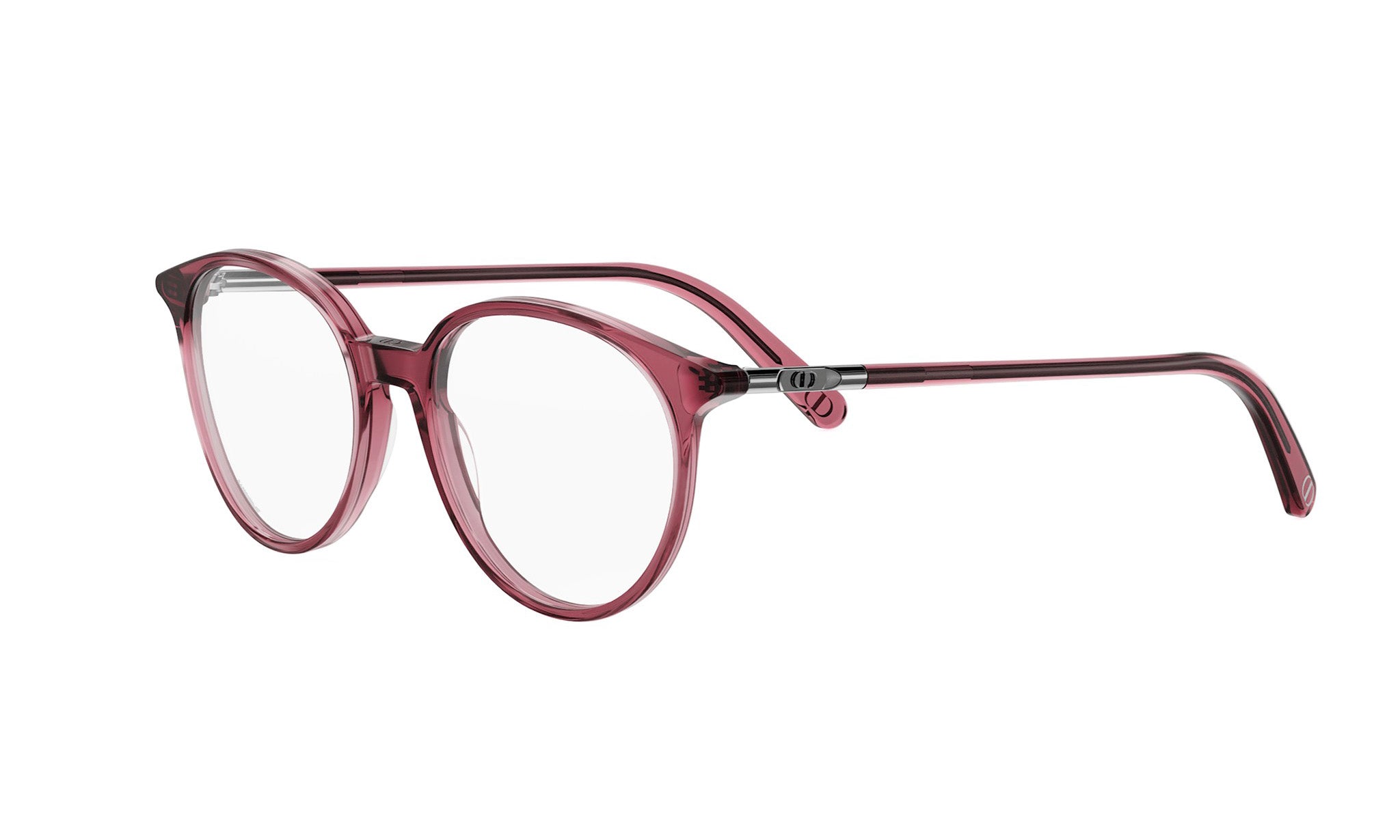 A pair of red-tinted eyeglasses with clear lenses, positioned side by side against a white background.