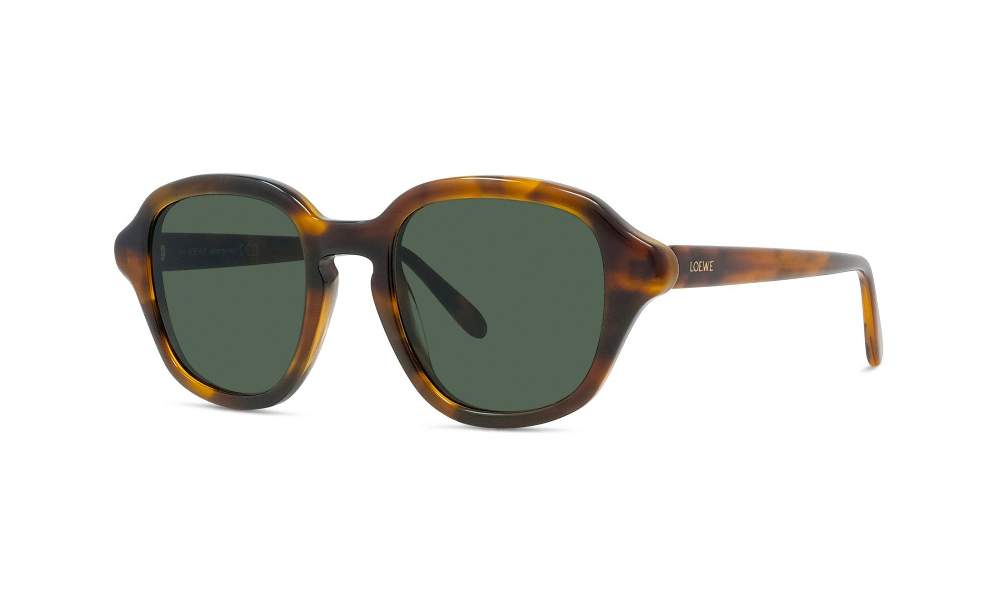 A pair of tortoiseshell sunglasses with dark green lenses.