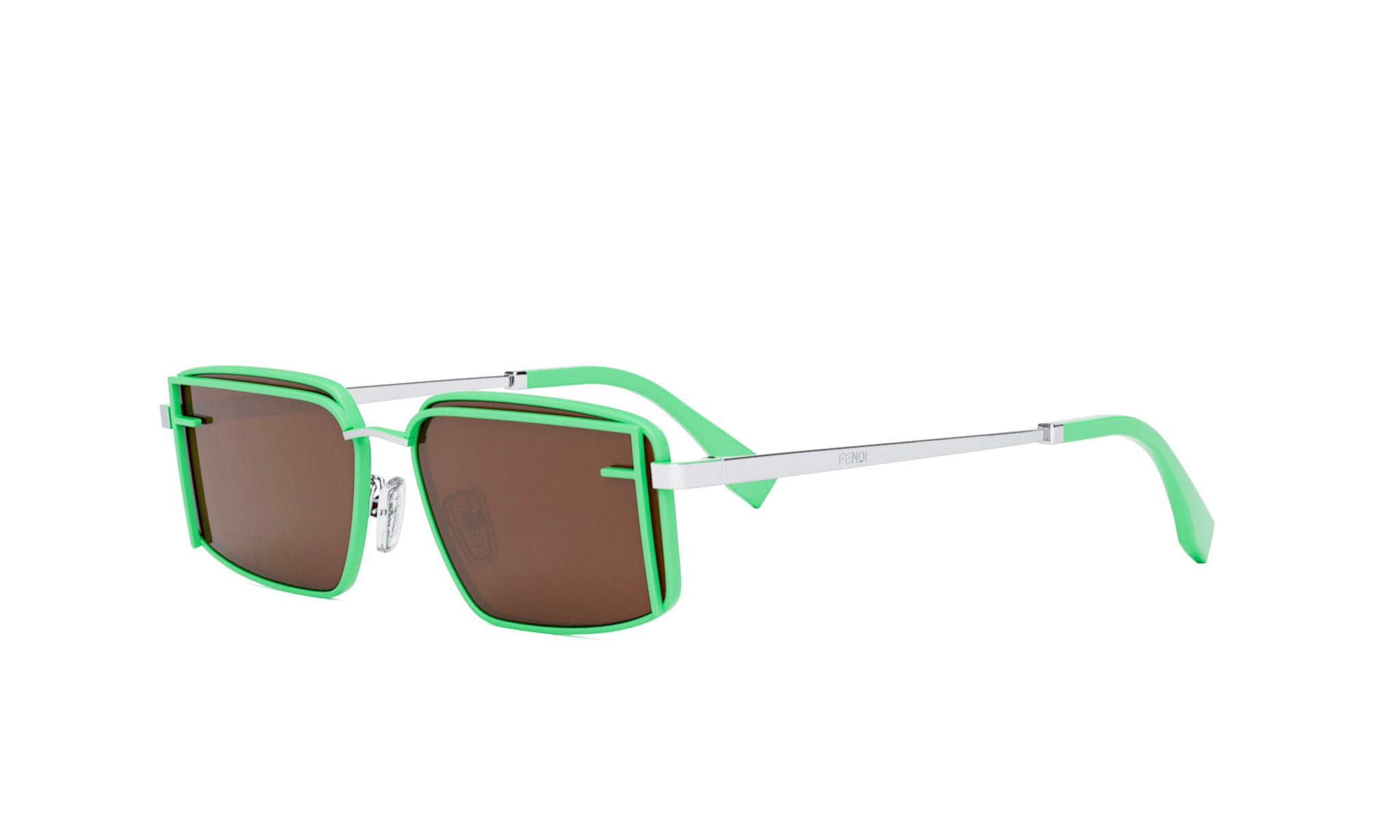 A pair of green-framed sunglasses with brown lenses.