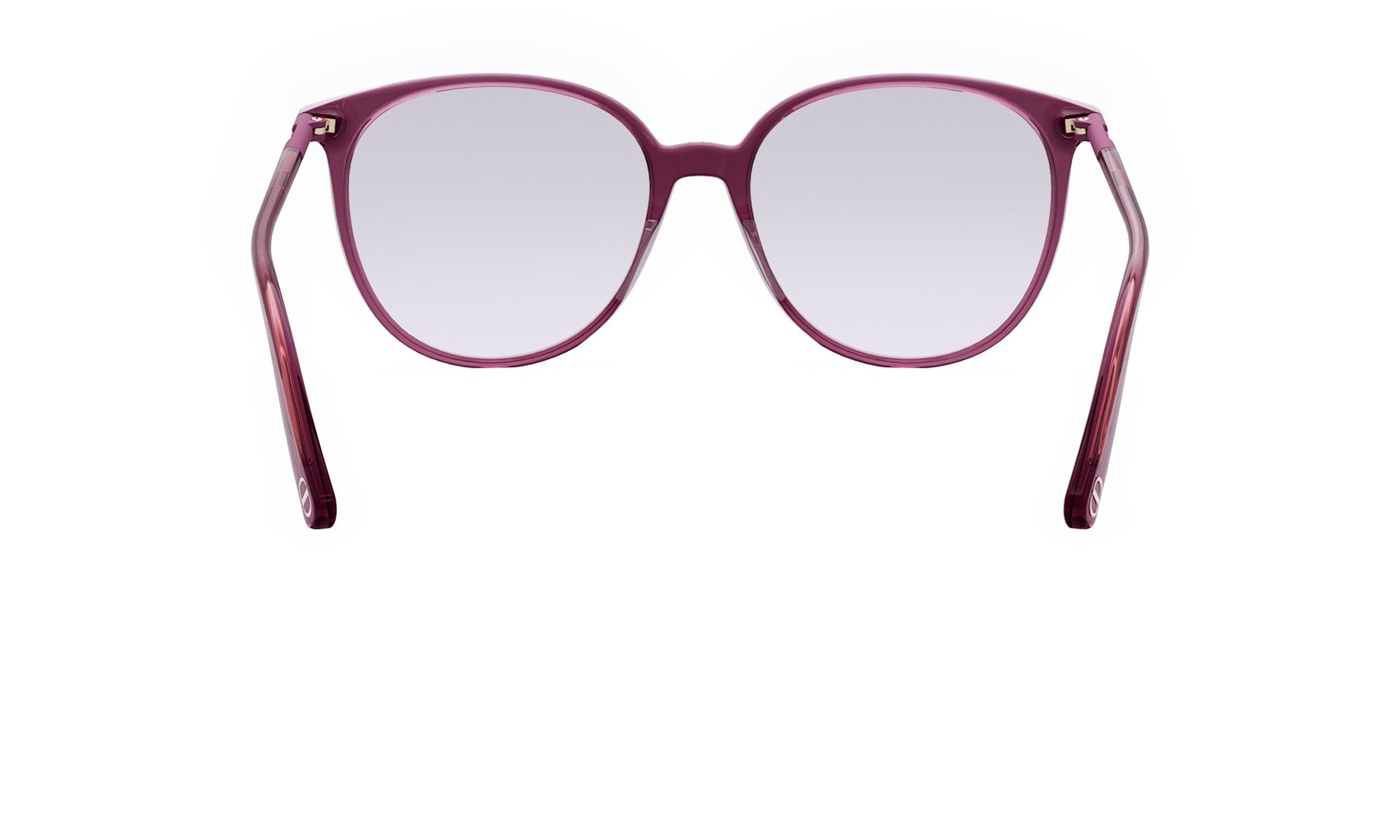 A pair of purple-framed glasses with a white lens, positioned in the center of the image against a white background.