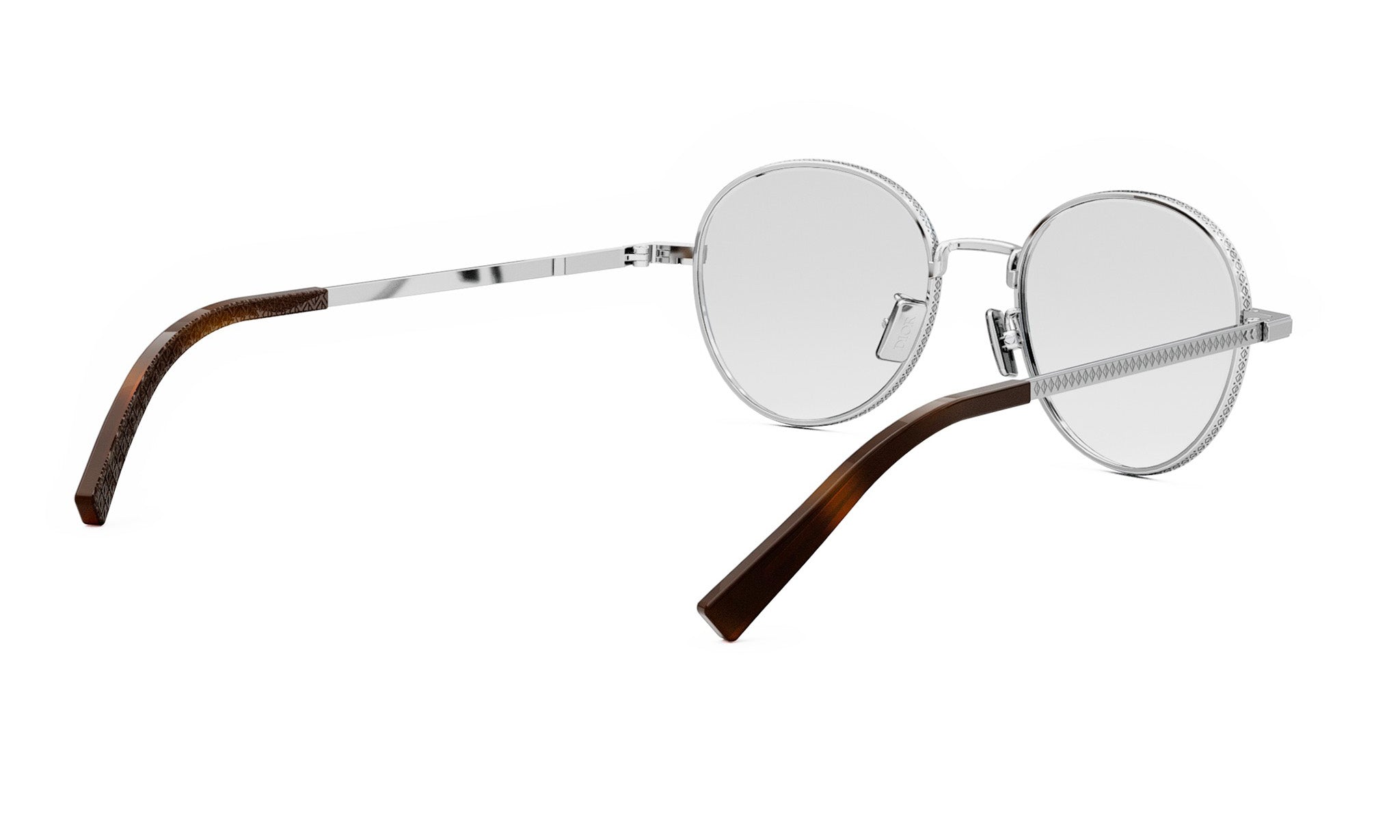 A pair of round, silver-framed glasses with brown wooden handles.