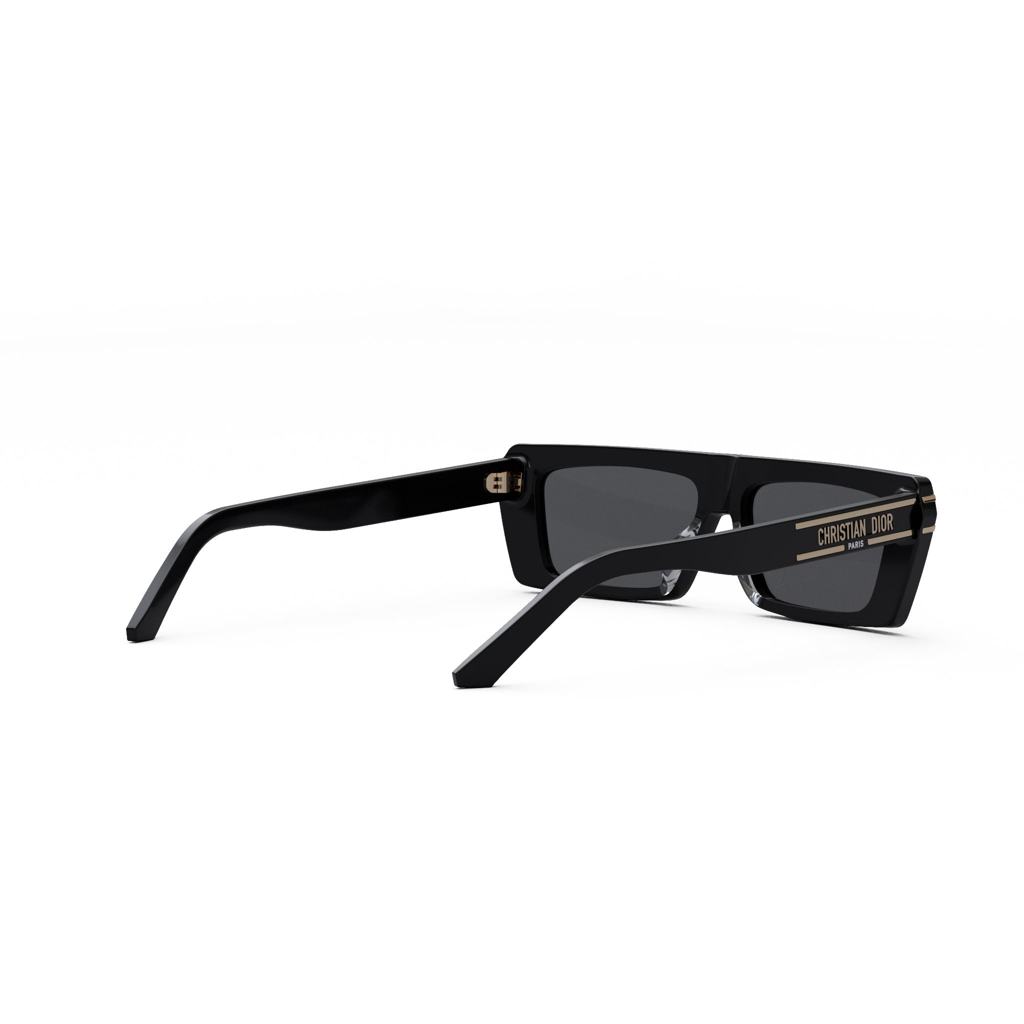 A pair of black sunglasses with gold accents, featuring the brand name "CHRISTIAN DOR" on the frame.