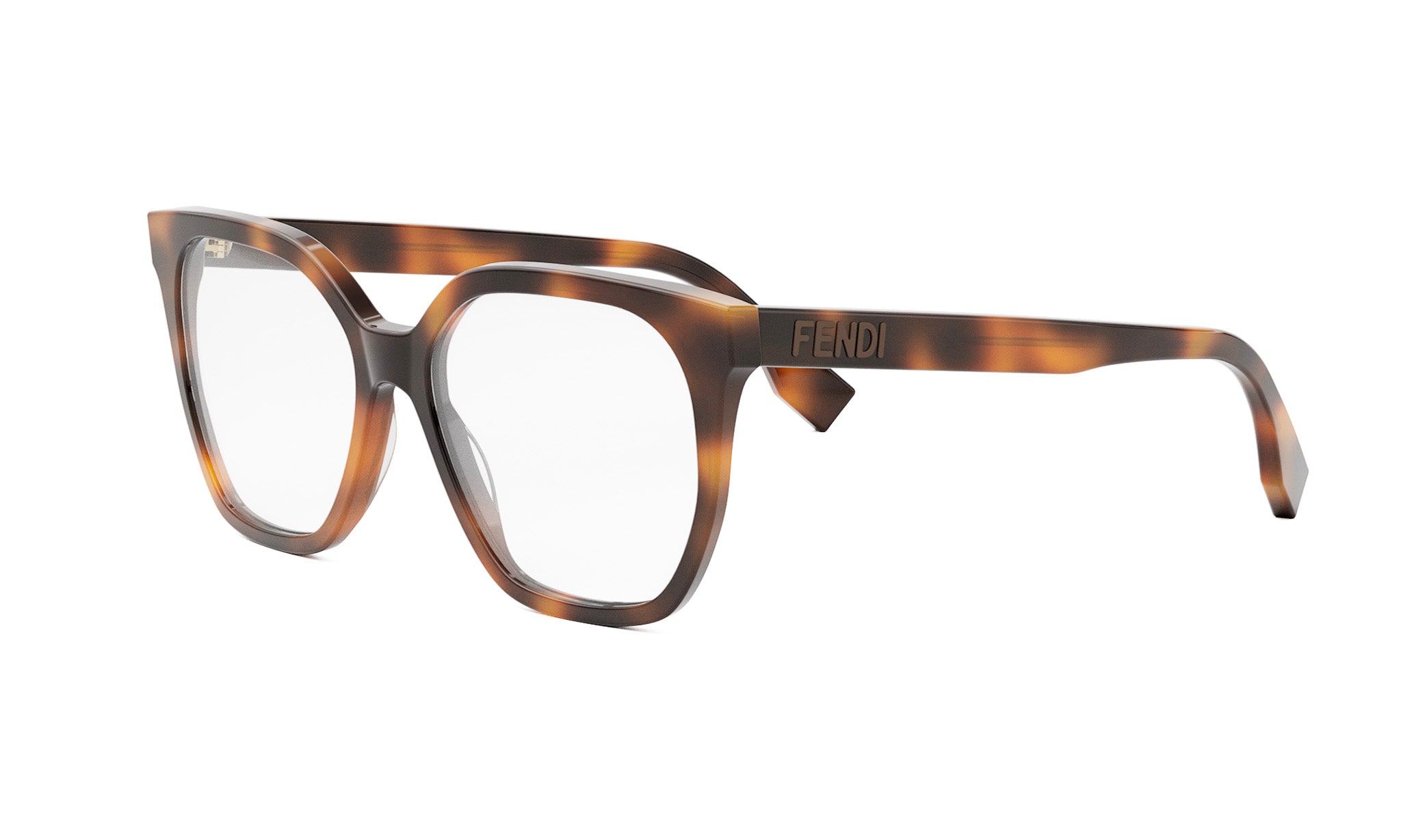A pair of brown-framed glasses with the Fendi logo on the side.