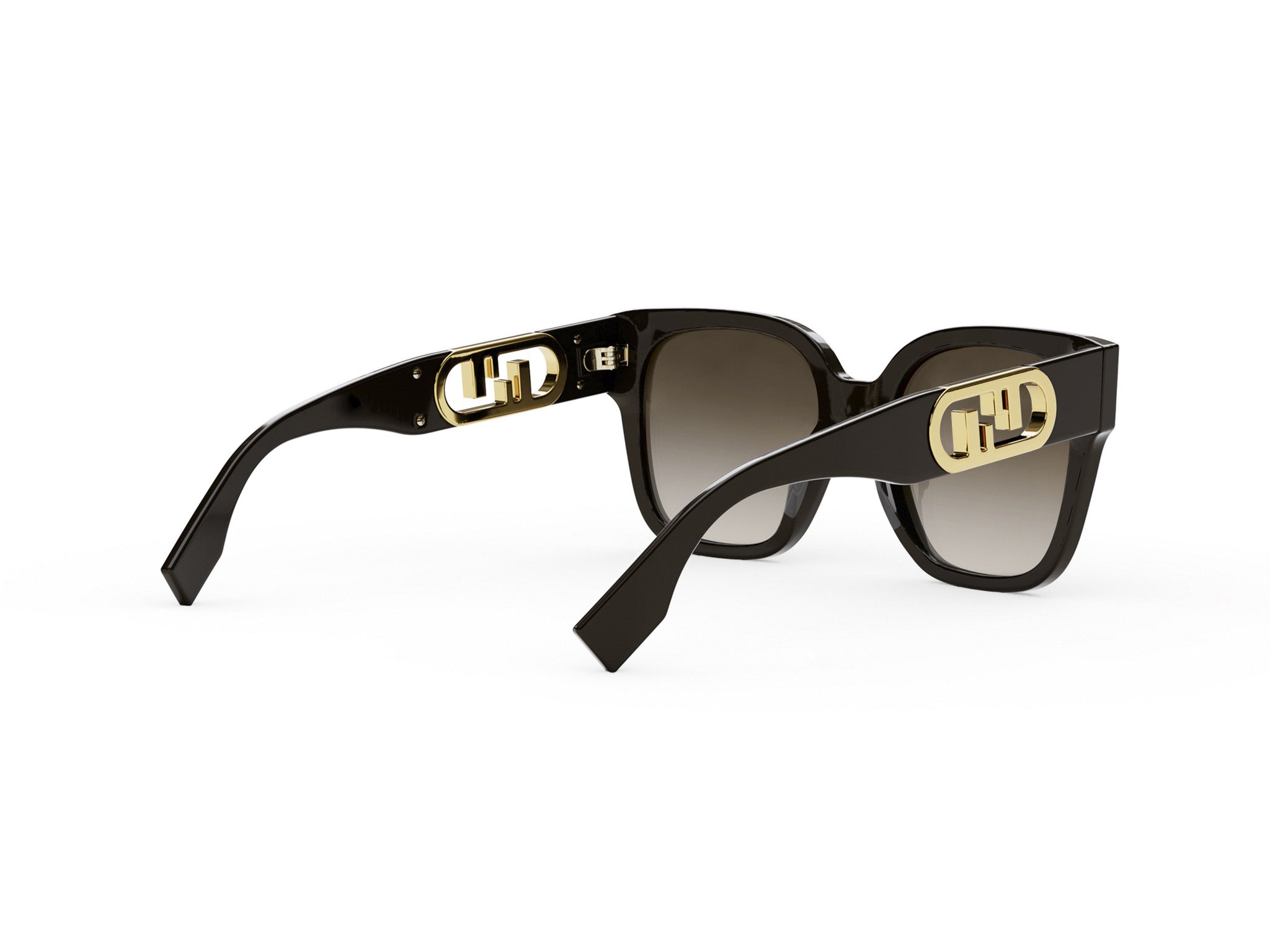 A pair of black sunglasses with gold lettering on the temples.