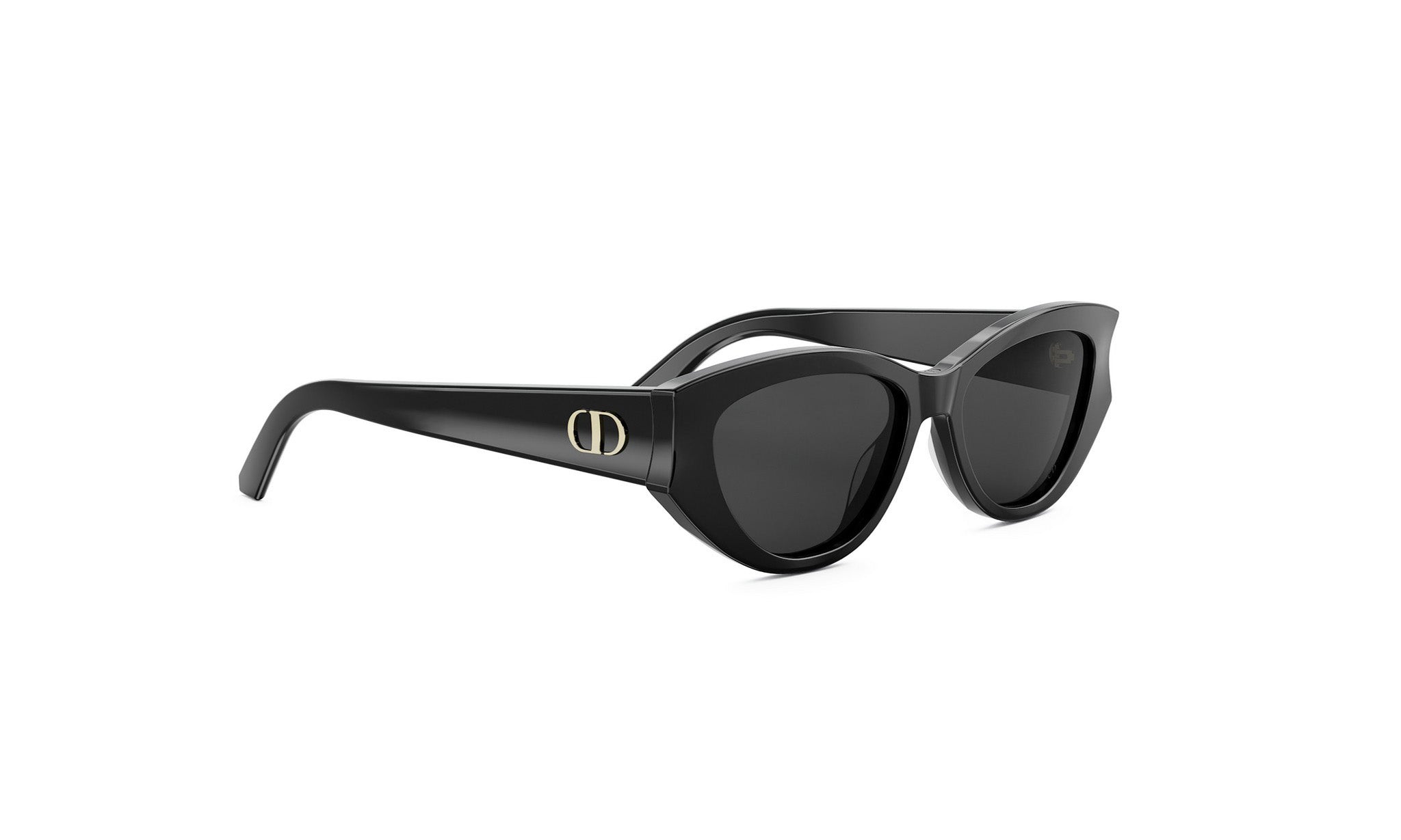 A pair of black cat-eye sunglasses with a gold logo on the frame.