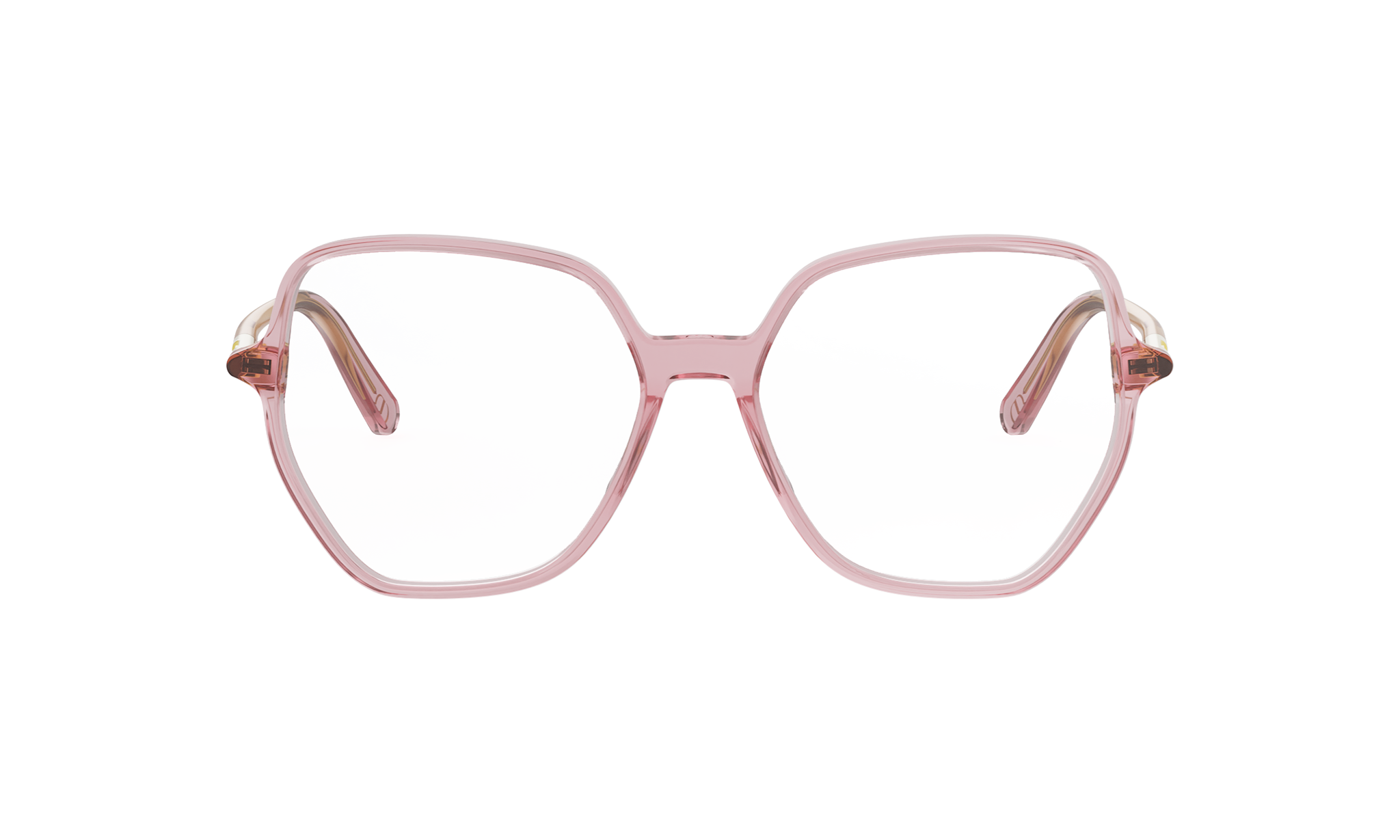A pair of pink-framed glasses with a unique, hexagonal shape.