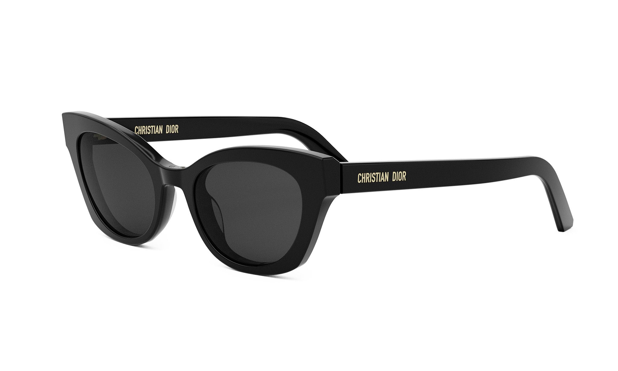 A pair of black cat-eye sunglasses with the brand name "Christian Dior" printed on the frame.