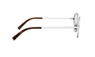A pair of round-framed sunglasses with a white frame and brown wooden arm rests.