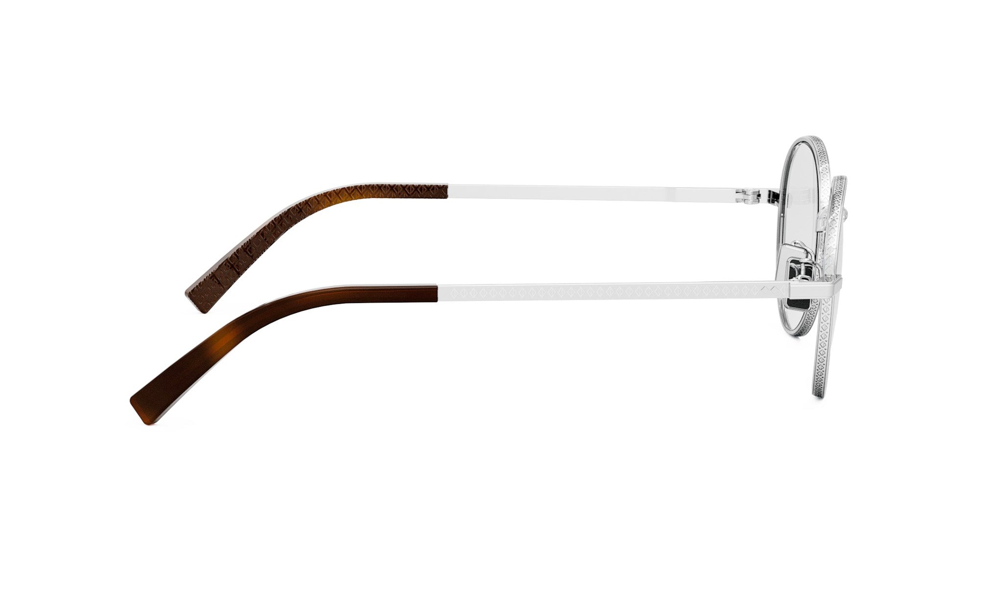 A pair of round-framed sunglasses with a white frame and brown wooden arm rests.