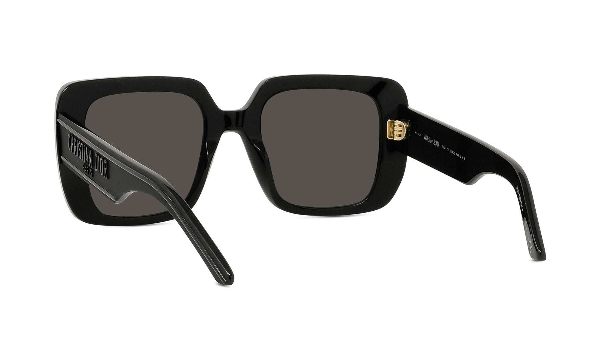 A pair of black sunglasses with dark lenses.