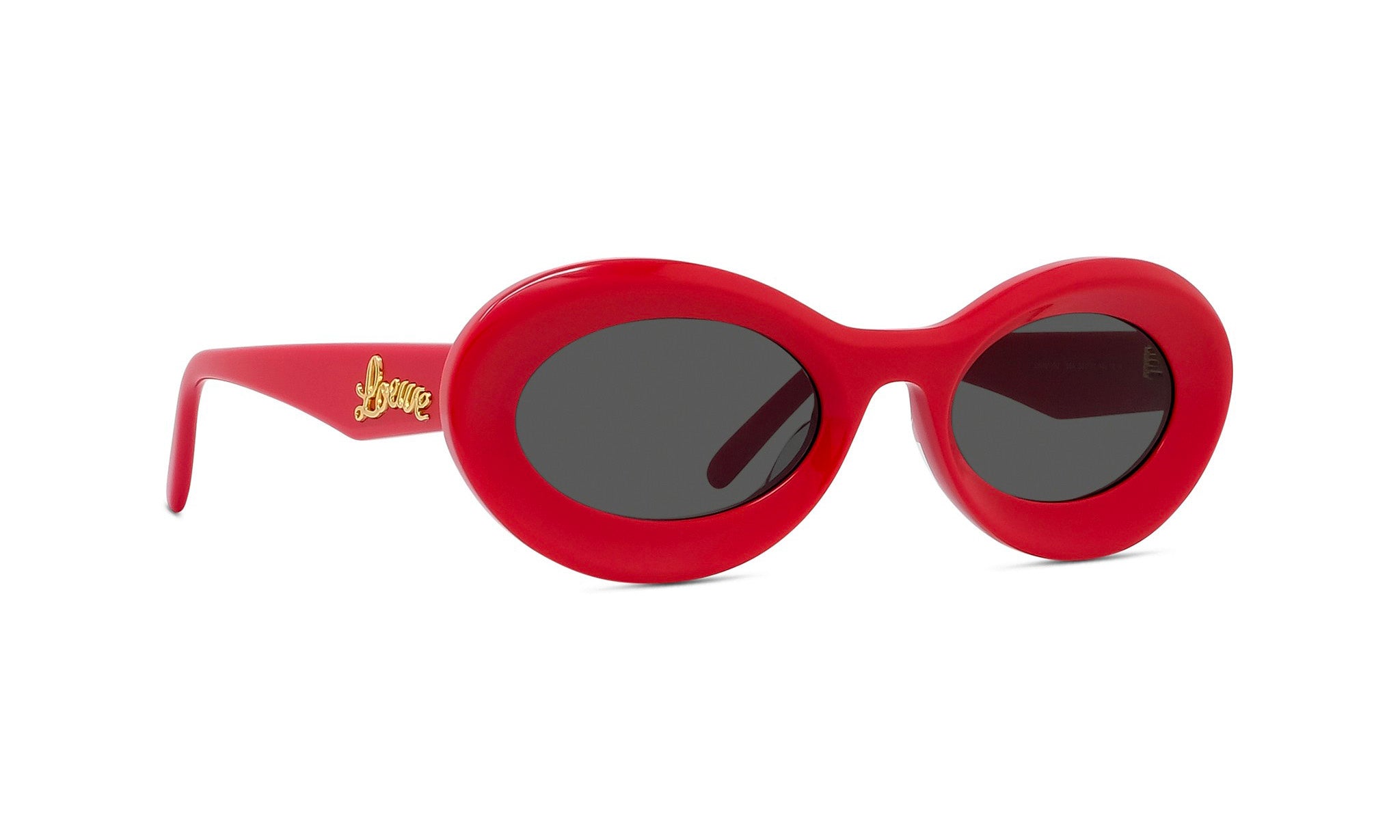 A pair of red, oval-shaped sunglasses with dark lenses.