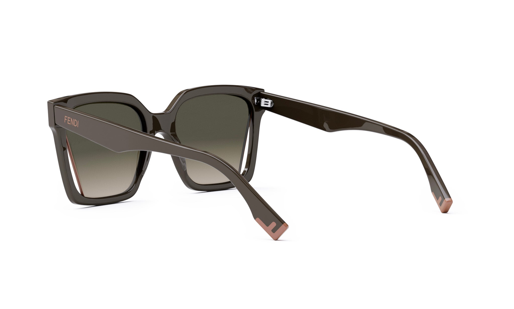A pair of dark brown sunglasses with a gradient frame and a Fendi logo on the temples.