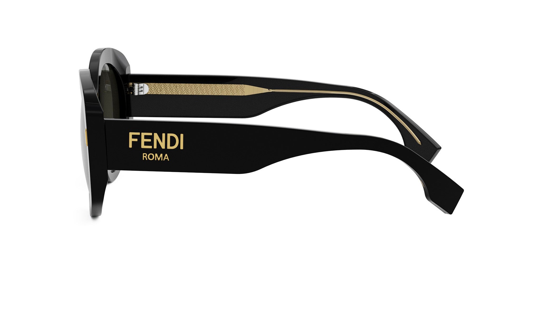 A pair of black Fendi sunglasses with gold accents.