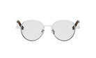A pair of round, silver-framed glasses with dark brown accents.