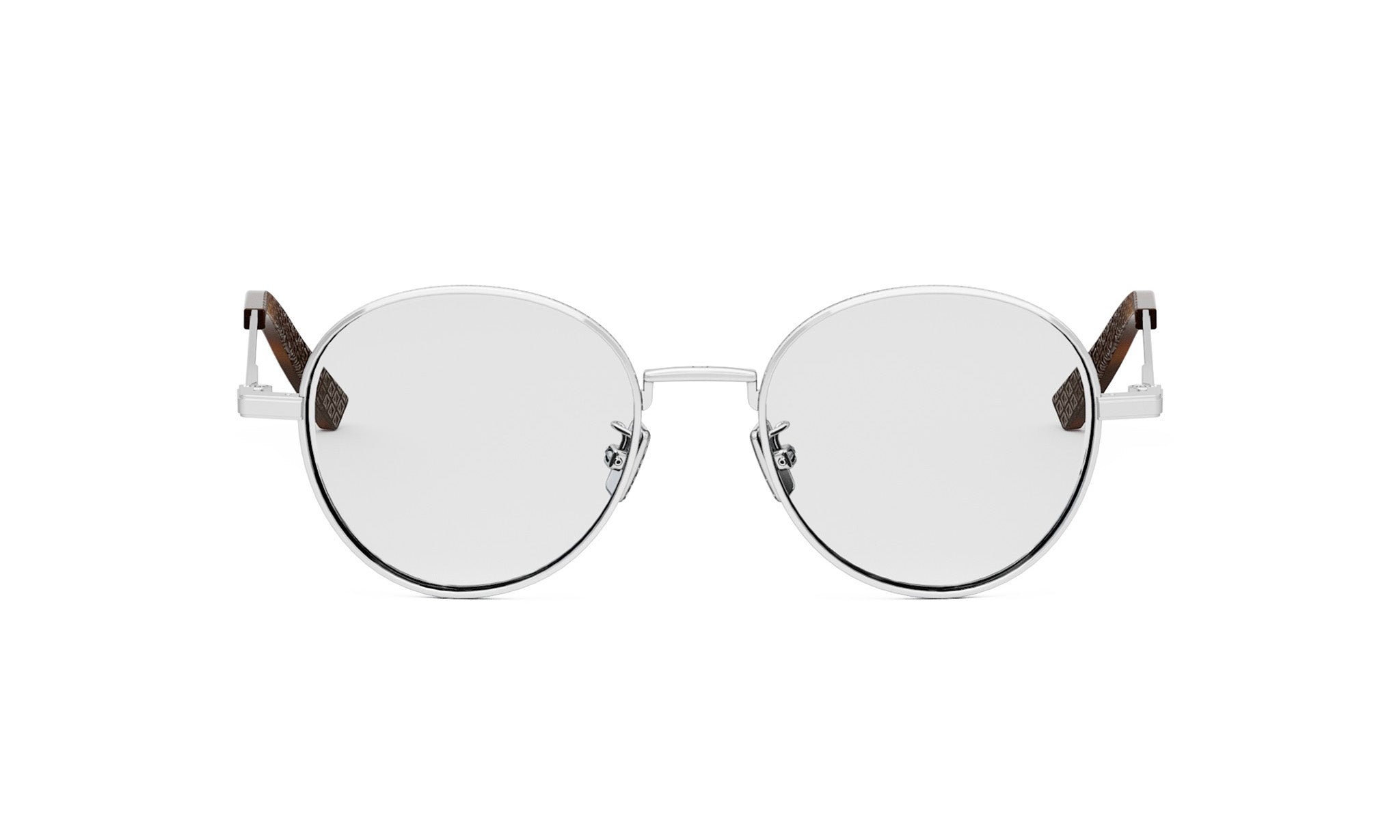 A pair of round, silver-framed glasses with dark brown accents.