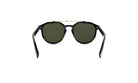 A pair of black sunglasses with dark green lenses.