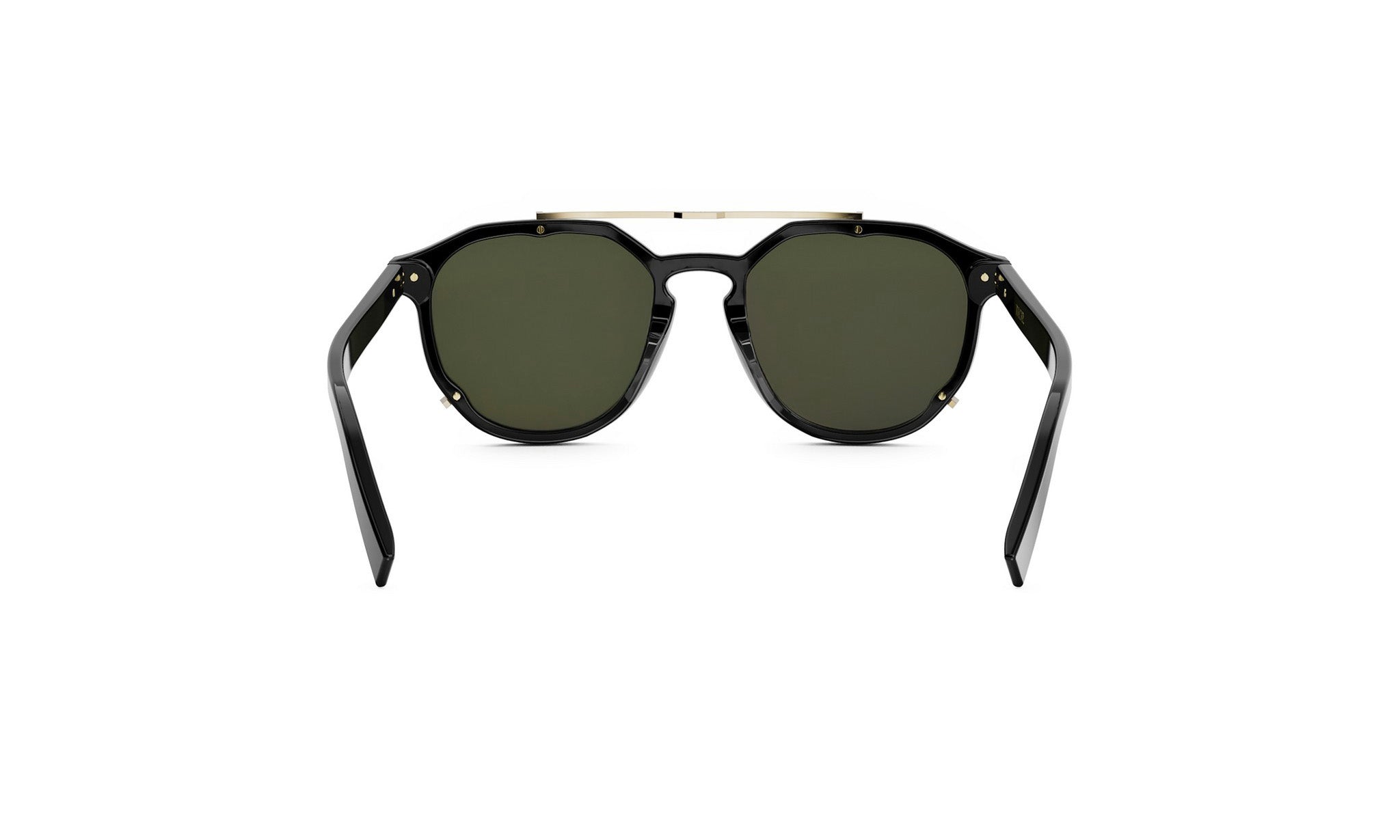 A pair of black sunglasses with dark green lenses.