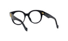 A pair of black-framed glasses with gold accents.