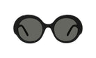 A pair of black round sunglasses with dark lenses.