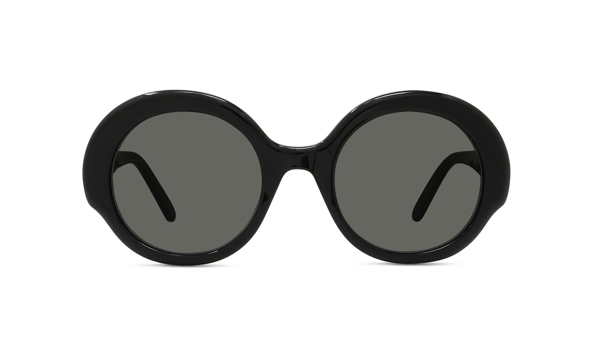 A pair of black round sunglasses with dark lenses.