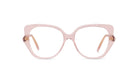 A pair of pink-framed glasses with a clear lens, showcasing their unique design.
