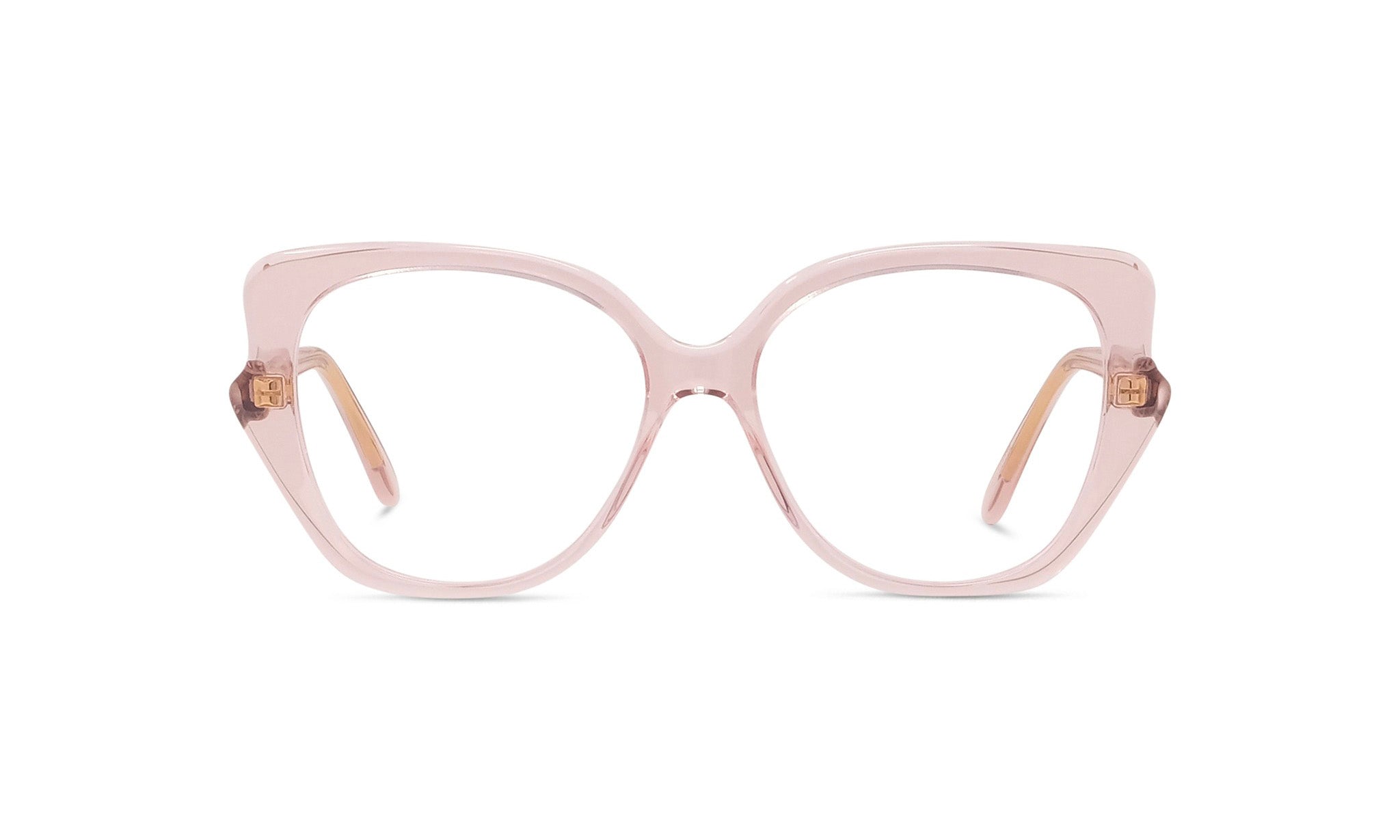 A pair of pink-framed glasses with a clear lens, showcasing their unique design.