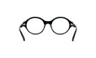 A pair of black-framed glasses with a round lens, shown from the back view.