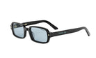 A pair of black-framed sunglasses with a dark blue tint.