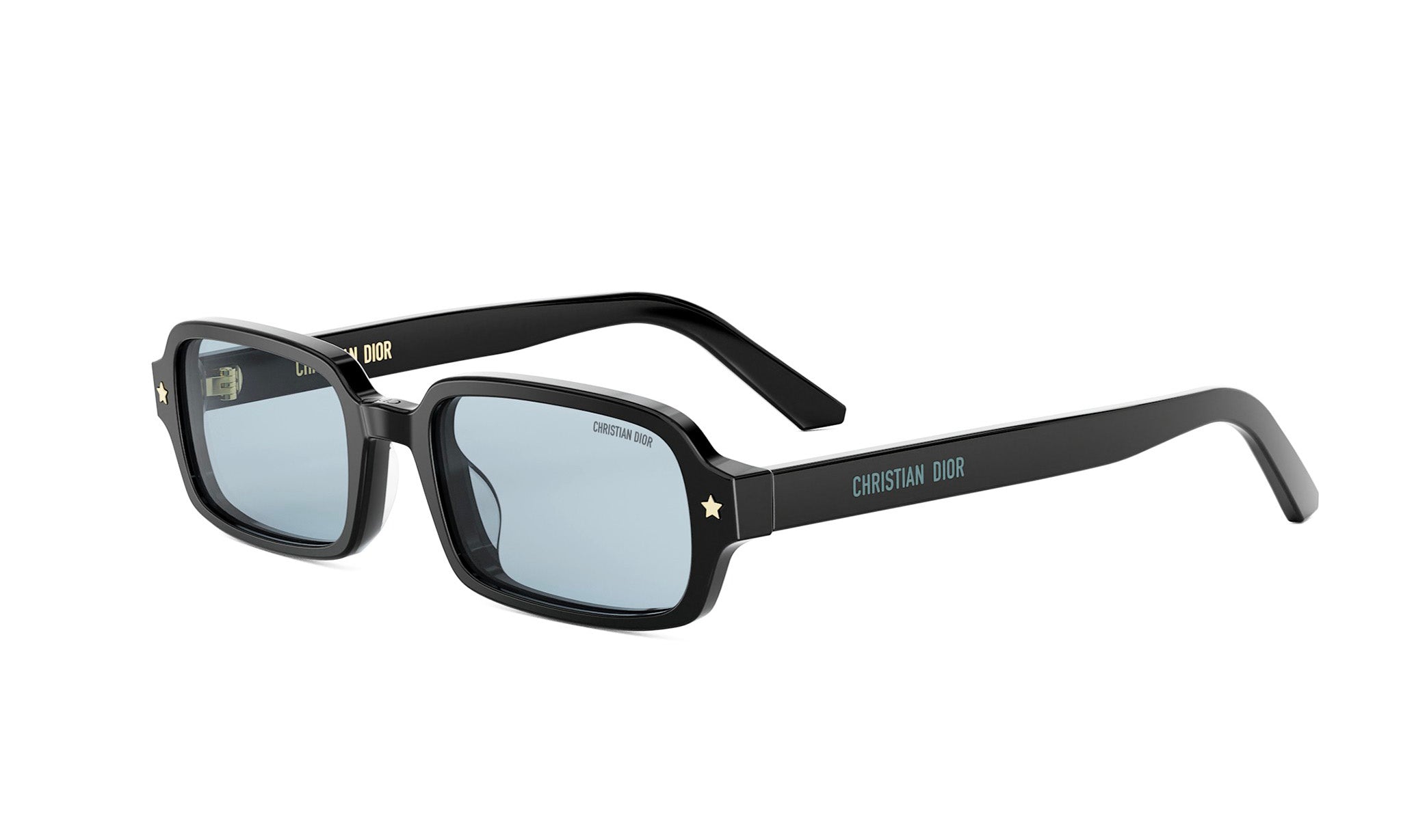 A pair of black-framed sunglasses with a dark blue tint.