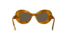 A pair of brown, round sunglasses with dark lenses.