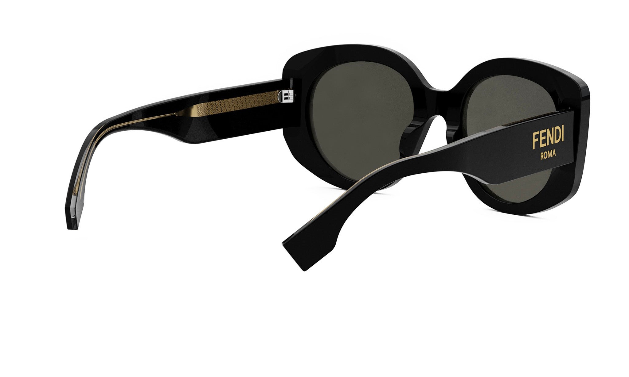 A pair of black Fendi sunglasses with gold accents.