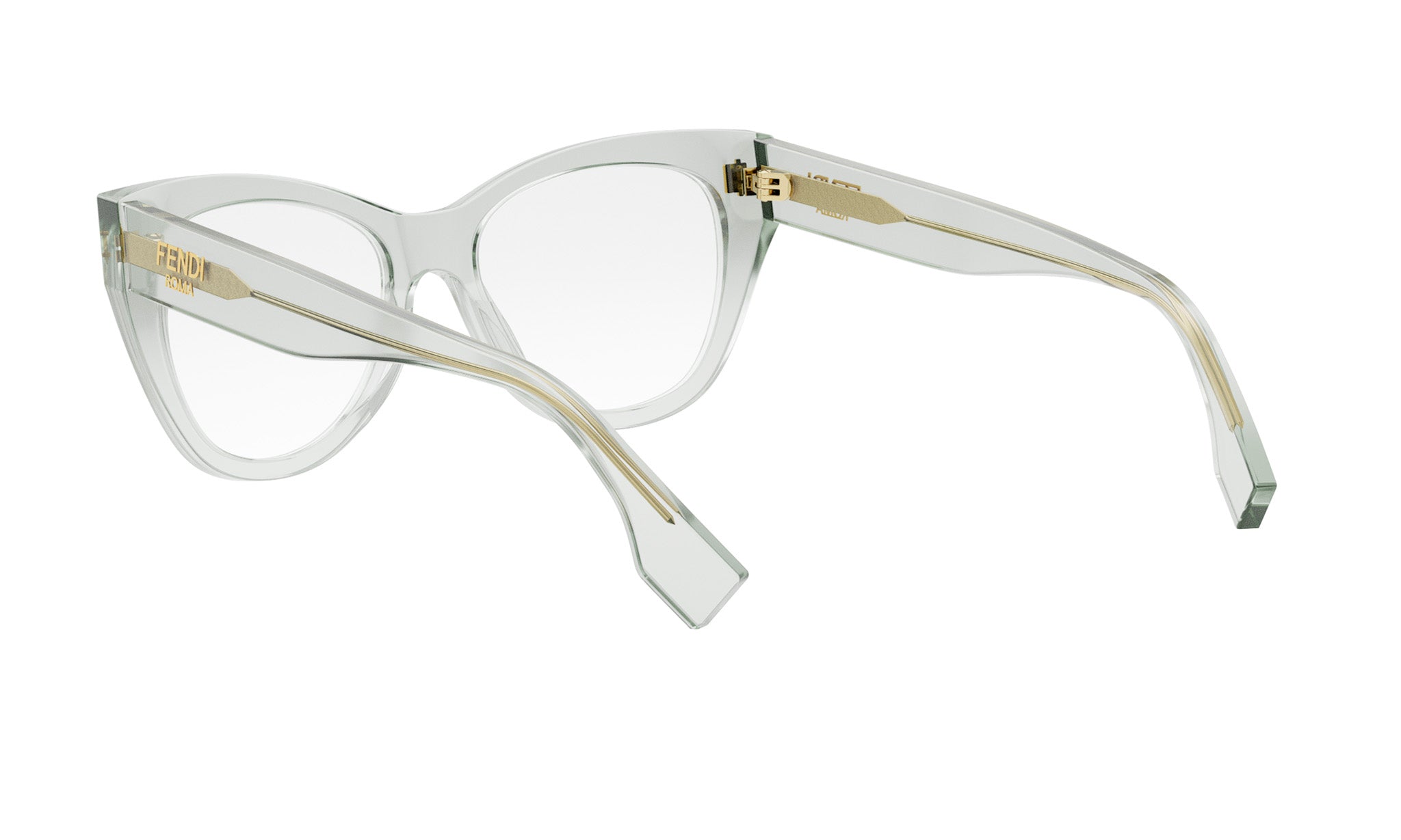A pair of clear, cat-eye-shaped glasses with a gold-colored frame.