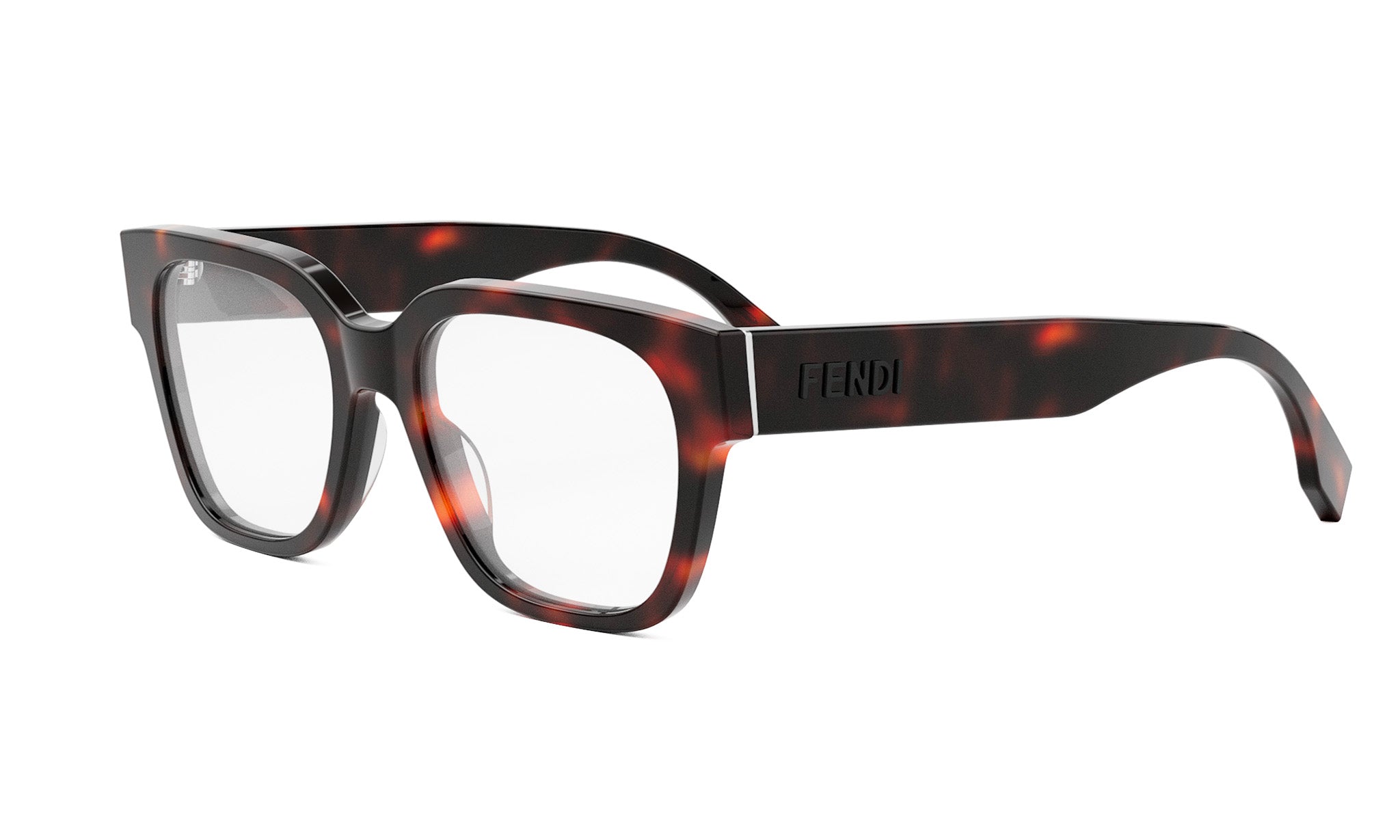 A pair of tortoiseshell-framed glasses with the Fendi logo on the side.