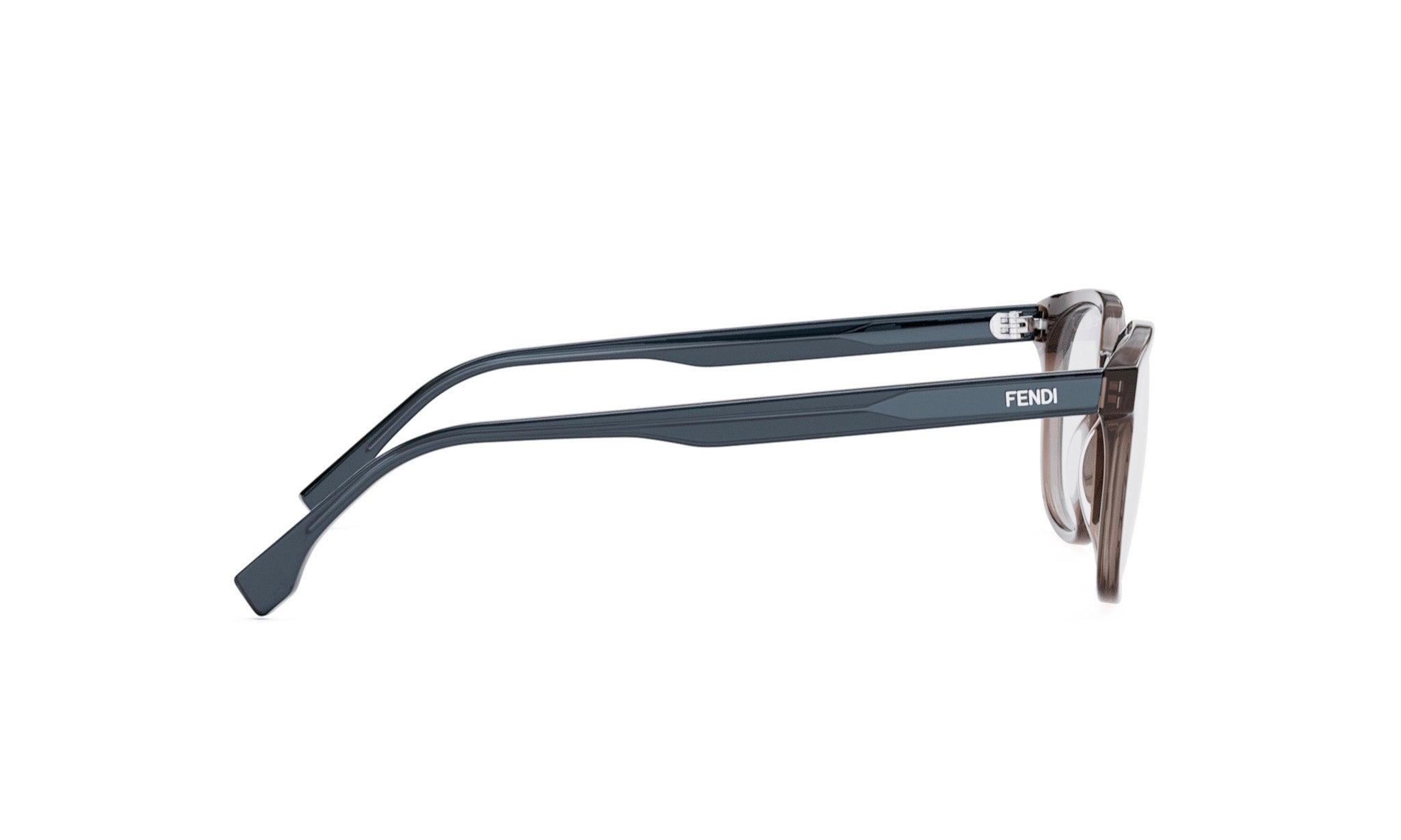 A pair of dark-framed glasses with a Fendi logo on the temples.
