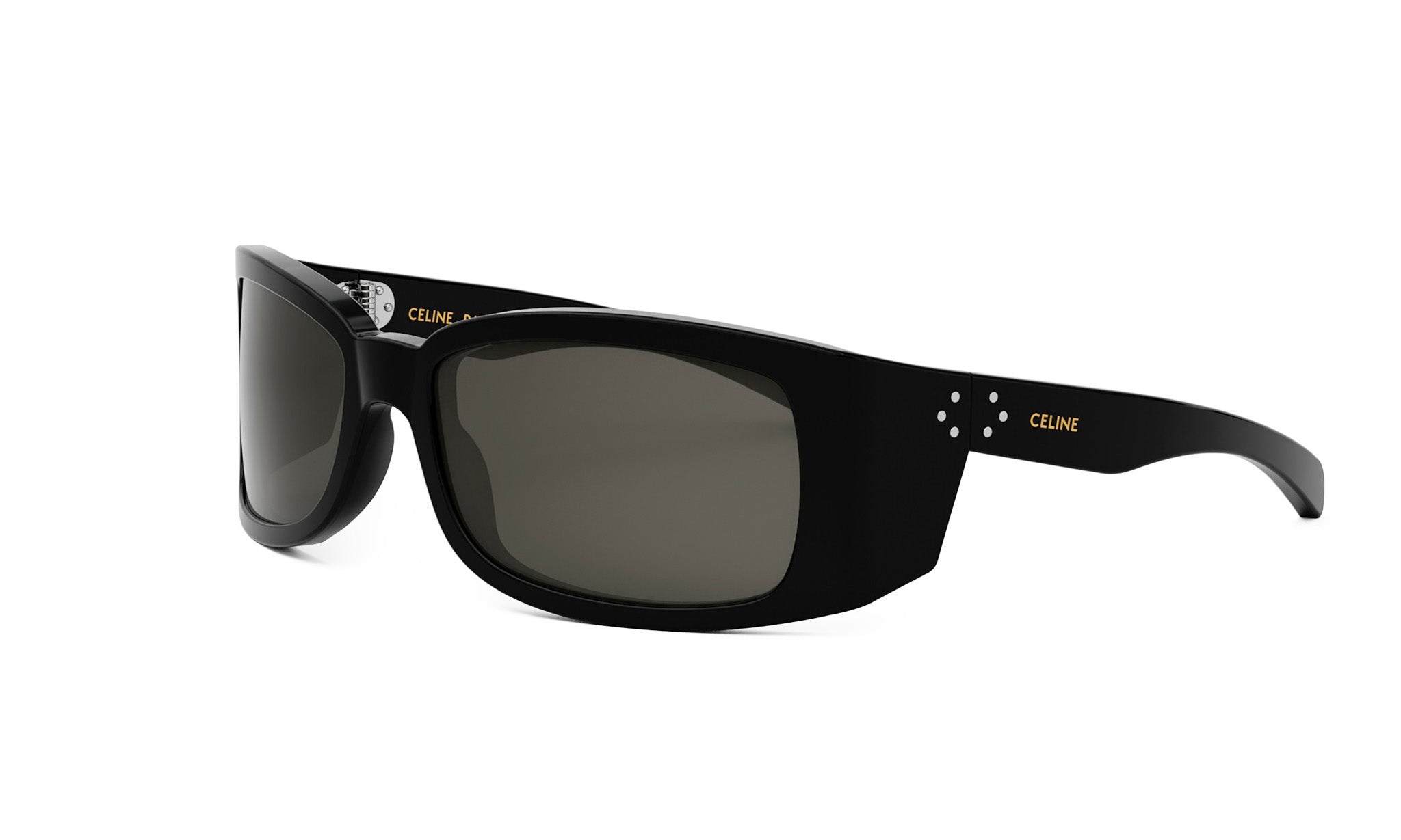 A pair of black sunglasses with dark lenses.
