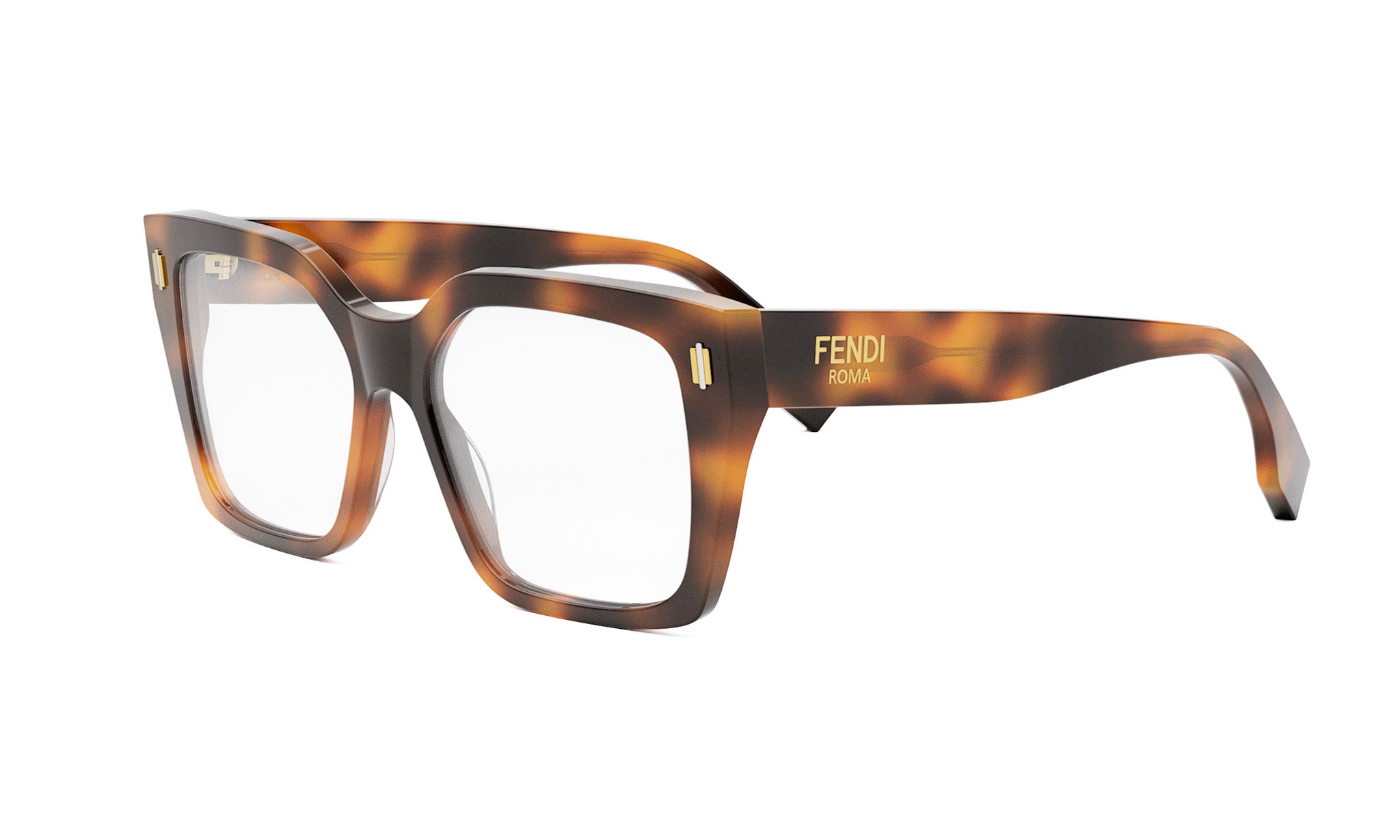 A pair of brown-framed glasses with the Fendi logo on the side.