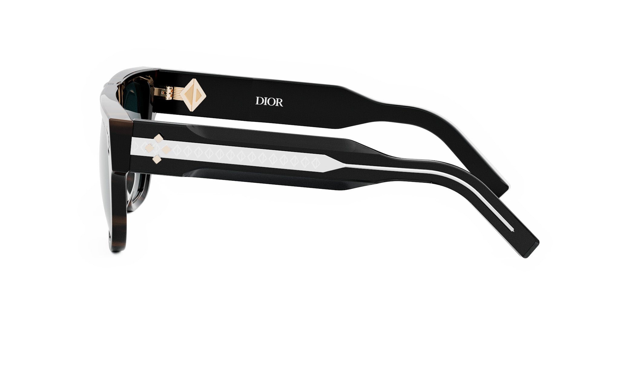 A pair of black sunglasses with a white pattern on the frame.